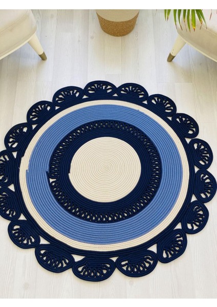 Jüt Hasır Görünümlü Desenli Modern El Örgüsü Daire Halı Kilim