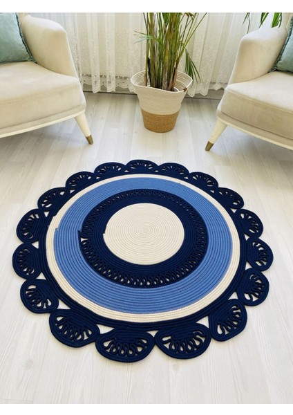 Jüt Hasır Görünümlü Desenli Modern El Örgüsü Daire Halı Kilim