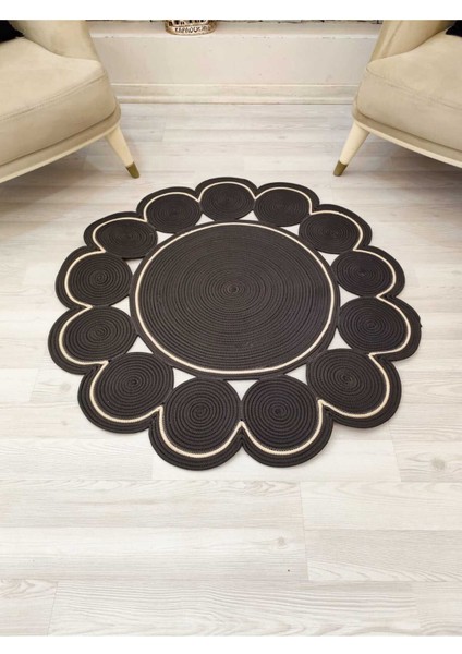 Jüt Hasır Görünümlü Desenli Modern El Örgüsü Daire Halı Kilim