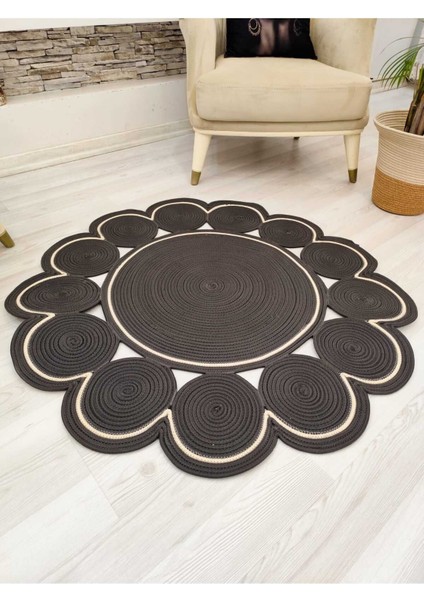 Jüt Hasır Görünümlü Desenli Modern El Örgüsü Daire Halı Kilim