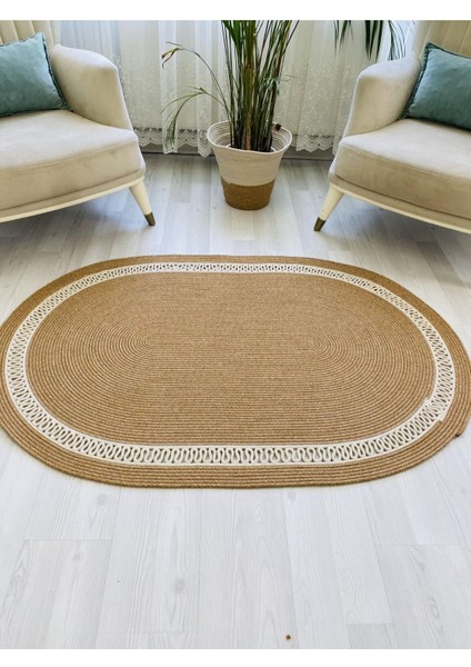 Jüt Hasır Görünümlü Desenli Modern El Örgüsü Oval Halı Kilim