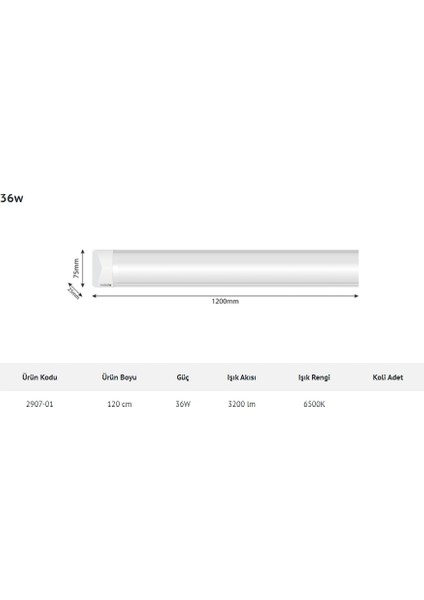 36W LED Bant Armatür IP40 6500K 120 cm fiyatları
