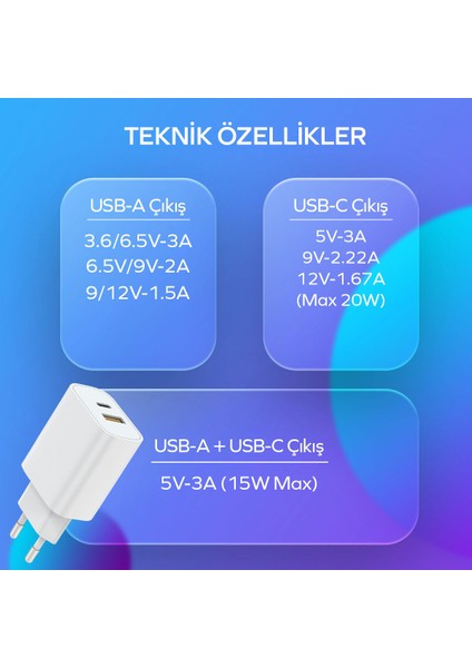 By Deji Samsung Xiaomi Oppo Huawei Uyumlu 20W Pd Type C Çoklu Hızlı Şarj Aleti ve USB Çıkış & Kablo Beyaz