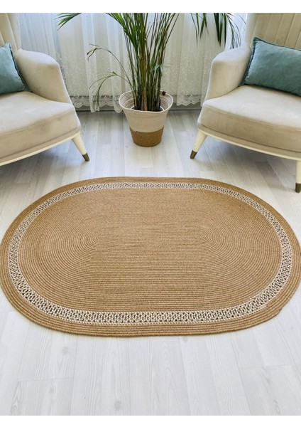 Jüt Hasır Görünümlü Desenli Modern El Örgüsü Oval Halı Kilim