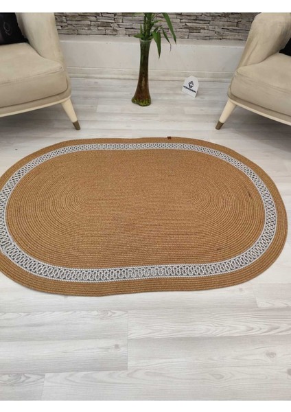 Jüt Hasır Görünümlü Desenli Modern El Örgüsü Oval Halı Kilim