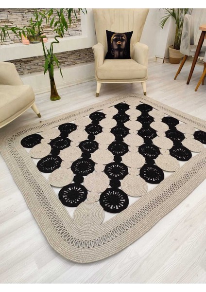 Jüt Hasır Görünümlü Desenli Modern El Örgüsü Dikdörtgen Halı Kilim