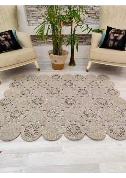 Jüt Hasır Görünümlü Desenli Modern El Örgüsü Dikdörtgen Halı Kilim