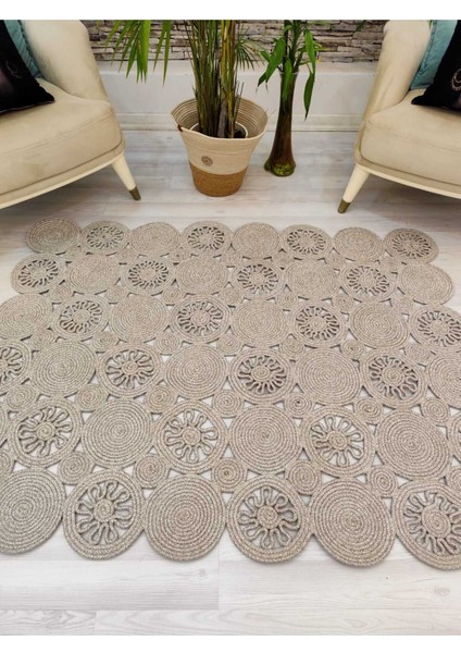 Jüt Hasır Görünümlü Desenli Modern El Örgüsü Dikdörtgen Halı Kilim