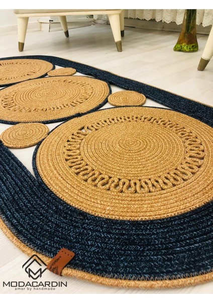 Jüt Hasır Görünümlü Desenli Modern El Örgüsü Oval Halı Kilim