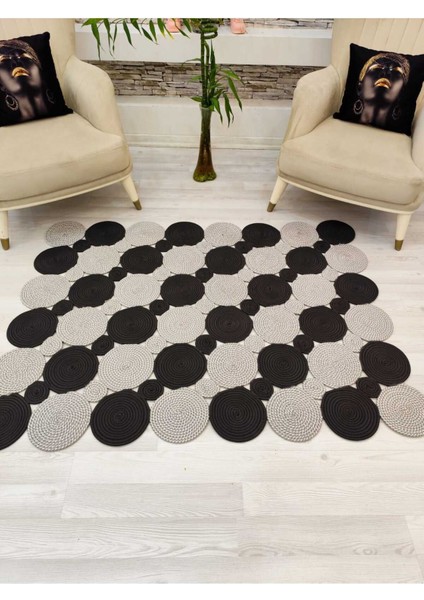 Jüt Hasır Görünümlü Desenli Modern El Örgüsü Dikdörtgen Halı Kilim