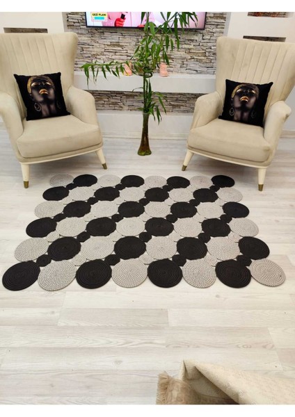 Jüt Hasır Görünümlü Desenli Modern El Örgüsü Dikdörtgen Halı Kilim