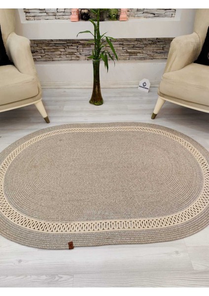 Jüt Hasır Görünümlü Desenli Modern El Örgüsü Oval Halı Kilim