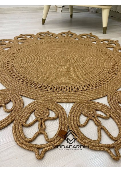 Jüt Hasır Görünümlü Desenli Modern El Örgüsü Daire Halı Kilim modelleri