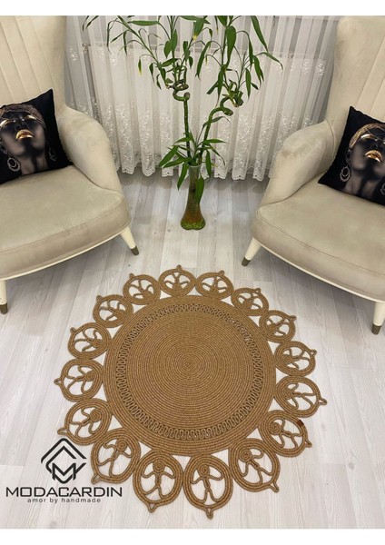 Jüt Hasır Görünümlü Desenli Modern El Örgüsü Daire Halı Kilim fırsatları