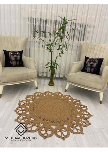 Jüt Hasır Görünümlü Desenli Modern El Örgüsü Daire Halı Kilim indirimleri