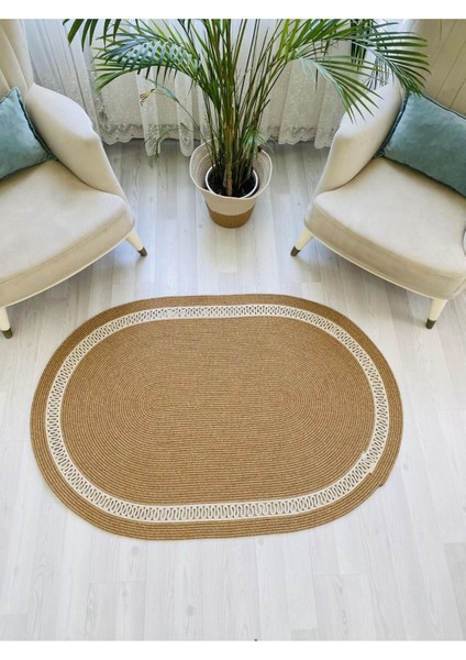 Jüt Hasır Görünümlü Desenli Modern El Örgüsü Oval Halı Kilim