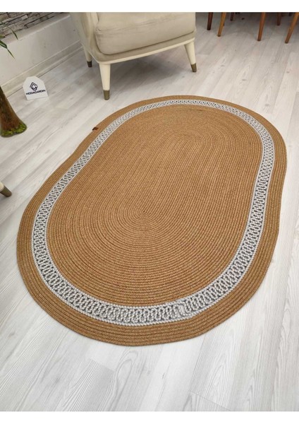 Jüt Hasır Görünümlü Desenli Modern El Örgüsü Oval Halı Kilim