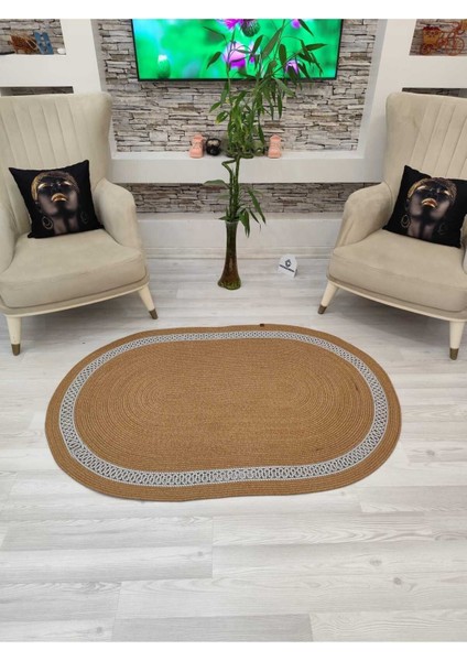 Jüt Hasır Görünümlü Desenli Modern El Örgüsü Oval Halı Kilim