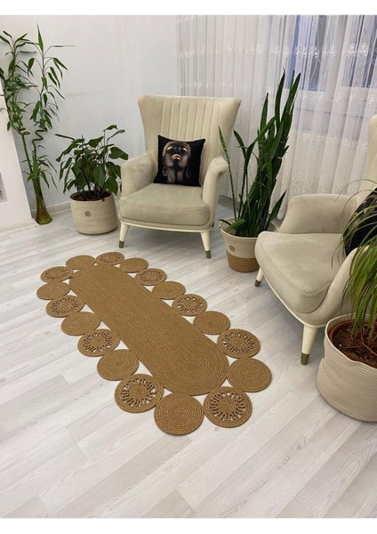 Jüt Hasır Görünümlü Desenli Modern El Örgüsü Oval Halı Kilim