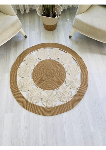 Jüt Hasır Görünümlü Desenli Modern El Örgüsü Daire Halı Kilim