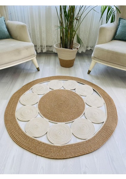 Jüt Hasır Görünümlü Desenli Modern El Örgüsü Daire Halı Kilim