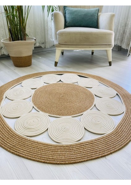 Jüt Hasır Görünümlü Desenli Modern El Örgüsü Daire Halı Kilim