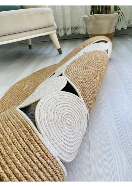 Jüt Hasır Görünümlü Desenli Modern El Örgüsü Daire Halı Kilim