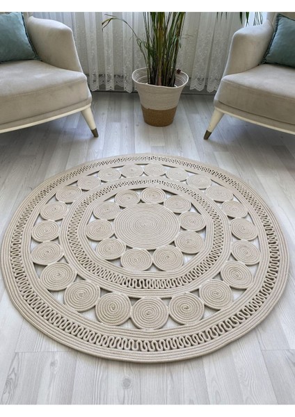 Jüt Hasır Görünümlü Desenli Modern El Örgüsü Daire Halı Kilim