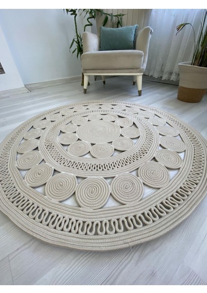 Jüt Hasır Görünümlü Desenli Modern El Örgüsü Daire Halı Kilim