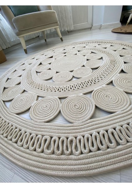 Jüt Hasır Görünümlü Desenli Modern El Örgüsü Daire Halı Kilim