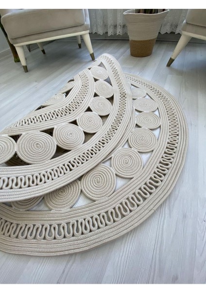 Jüt Hasır Görünümlü Desenli Modern El Örgüsü Daire Halı Kilim