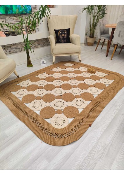 Jüt Hasır Görünümlü Desenli Modern El Örgüsü Dikdörtgen Halı Kilim