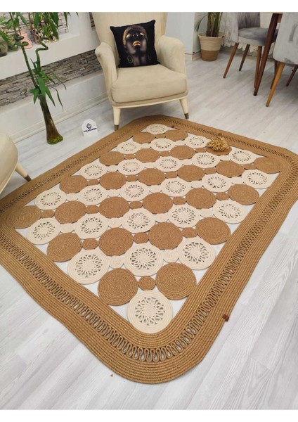 Jüt Hasır Görünümlü Desenli Modern El Örgüsü Dikdörtgen Halı Kilim