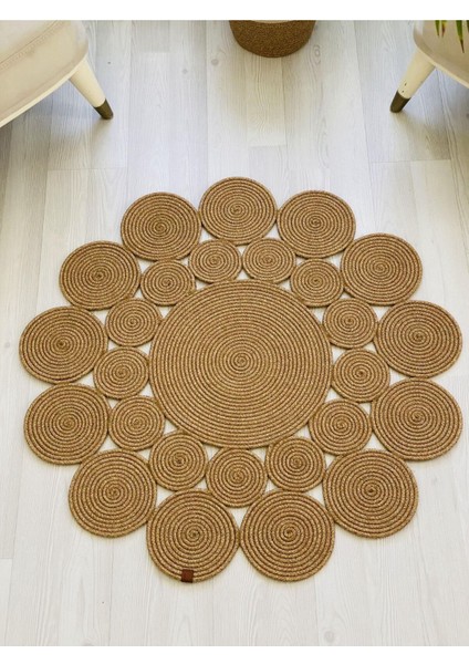 Jüt Hasır Görünümlü Desenli Modern El Örgüsü Daire Halı Kilim