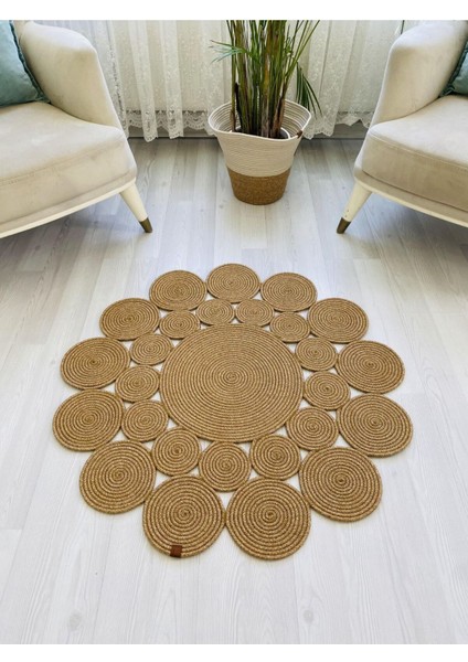 Jüt Hasır Görünümlü Desenli Modern El Örgüsü Daire Halı Kilim