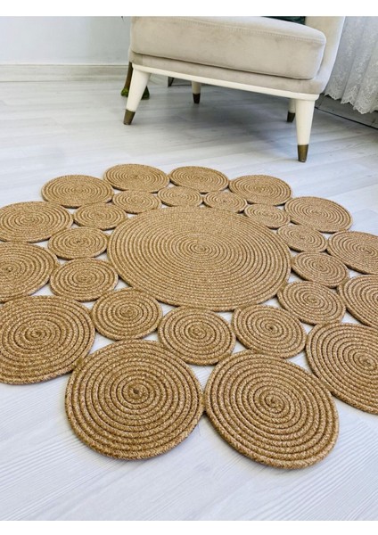 Jüt Hasır Görünümlü Desenli Modern El Örgüsü Daire Halı Kilim