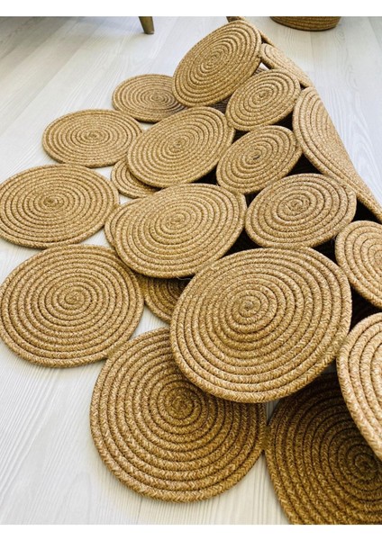 Jüt Hasır Görünümlü Desenli Modern El Örgüsü Daire Halı Kilim
