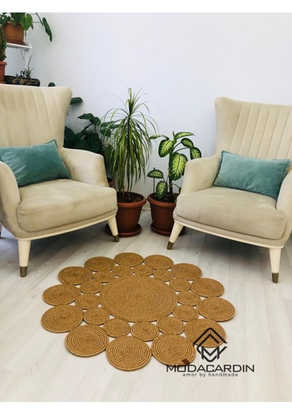 Jüt Hasır Görünümlü Desenli Modern El Örgüsü Daire Halı Kilim