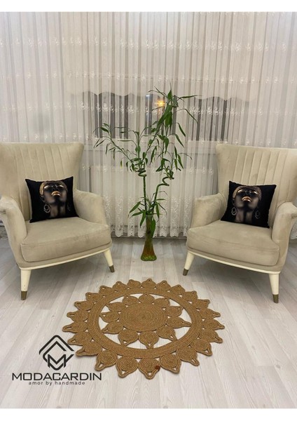 Jüt Hasır Görünümlü Desenli Modern El Örgüsü Daire Halı Kilim
