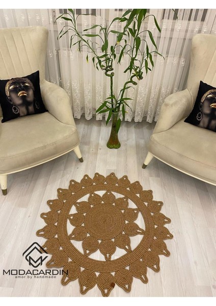 Jüt Hasır Görünümlü Desenli Modern El Örgüsü Daire Halı Kilim