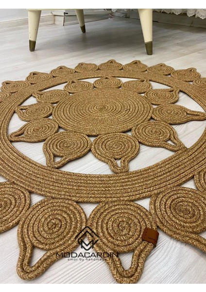 Jüt Hasır Görünümlü Desenli Modern El Örgüsü Daire Halı Kilim
