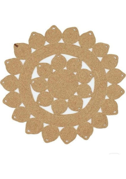 Jüt Hasır Görünümlü Desenli Modern El Örgüsü Daire Halı Kilim