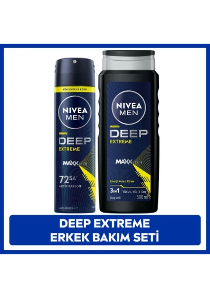 Men Erkek Sprey Deodorant Deep Extreme 150ML, Duş Jeli Deep Extreme 500ML, Vücut Saç ve Yüz Için