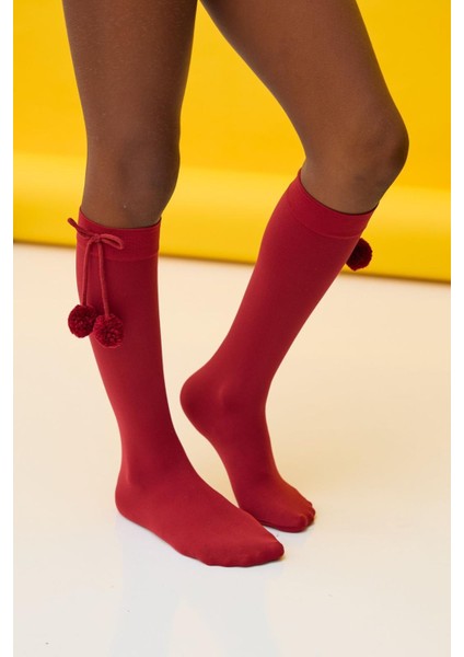 Kız Çocuk Aksesuarlı Dizaltı Çorap Bordo