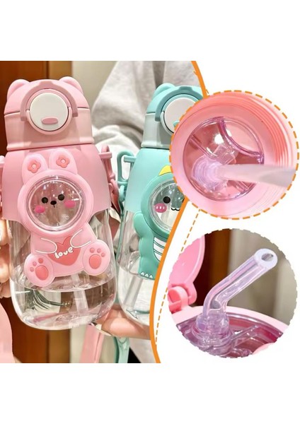 Sevimli Figürlü Çocuk Suluğu 660 ml Pipetli Boyun Askılı Su Matarası