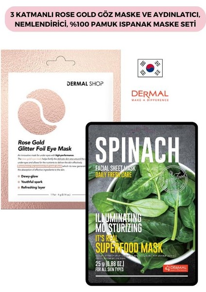 3 Katmanlı Rose Gold Göz Maskesi 4 gr. ve Aydınlatıcı, Nemlendirici, %100 Pamuk Ispanak Maske 25 gr.