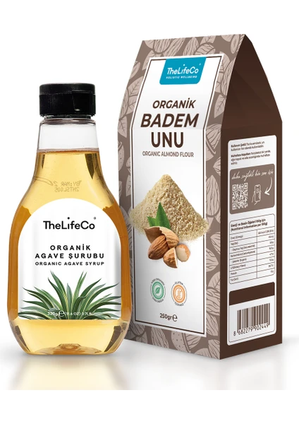 Badem Unu 250 gr (Glutensiz, Katkısız, Vegan) + TheLifeCo Agave Şurubu 330 gr (Rafine Şeker İçermez, Katkısız, Vegan)