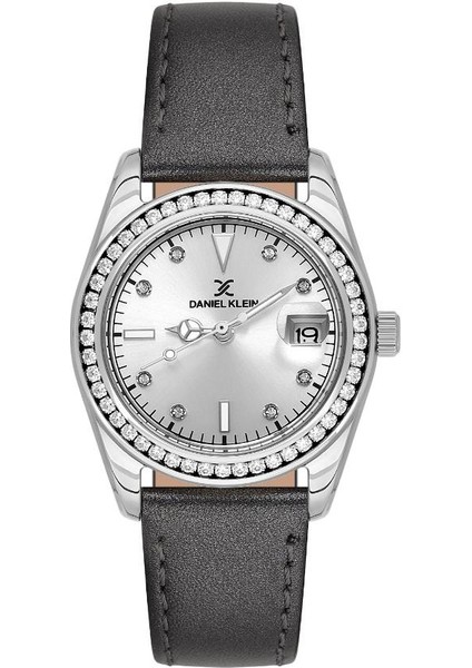 DK.1.13714-1 Deri Kordon Taşlı Tasarım Bombeli Takvim Gri Renk Kadın Kol Saati