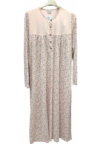 Nena-22439-Kadın Uzun Kollu Robalı Patlı Pamuk Viskon Gecelik