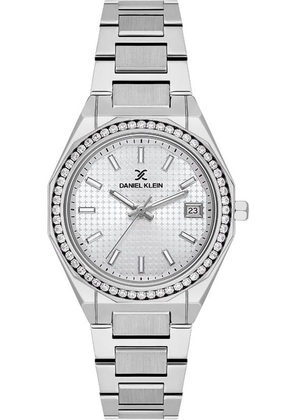 DK.1.13716-1 Taşlı Tasarım Takvimli Suya Dayanıklı Metalik Renk Kadın Kol Saati